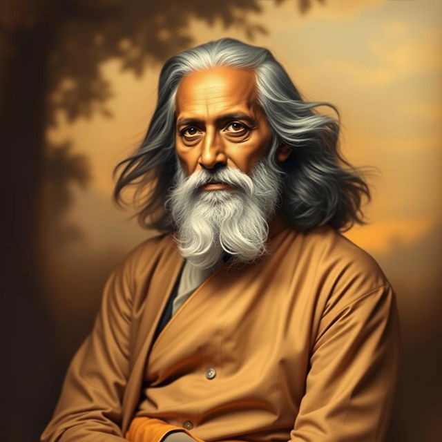A portrait of Rabindranath Tagore, the famous Bengali poet and philosopher, dressed in a traditional style with a formal shirt and trousers