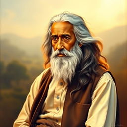 A portrait of Rabindranath Tagore, the famous Bengali poet and philosopher, dressed in a traditional style with a formal shirt and trousers
