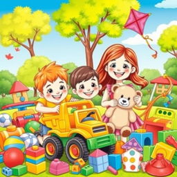 A colorful and playful illustration featuring a happy boy and girl surrounded by a variety of toys