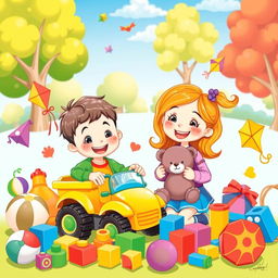 A colorful and playful illustration featuring a happy boy and girl surrounded by a variety of toys