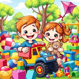 A colorful and playful illustration featuring a happy boy and girl surrounded by a variety of toys