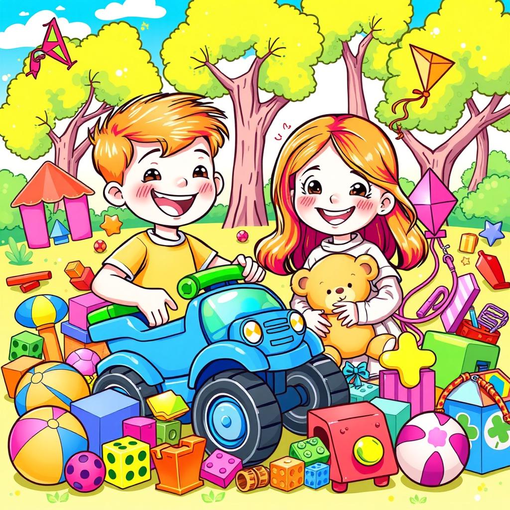 A colorful and playful illustration featuring a happy boy and girl surrounded by a variety of toys