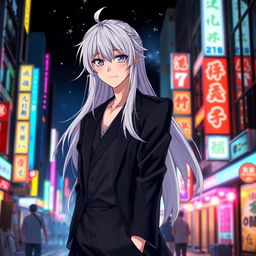 A striking 21-year-old anime ikemen with long flowing white hair and captivating purple eyes, dressed in a stylish kimono-like suit