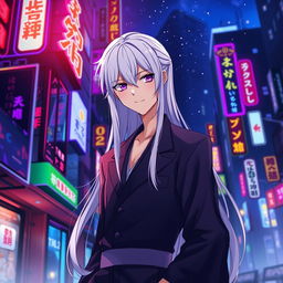 A striking 21-year-old anime ikemen with long flowing white hair and captivating purple eyes, dressed in a stylish kimono-like suit