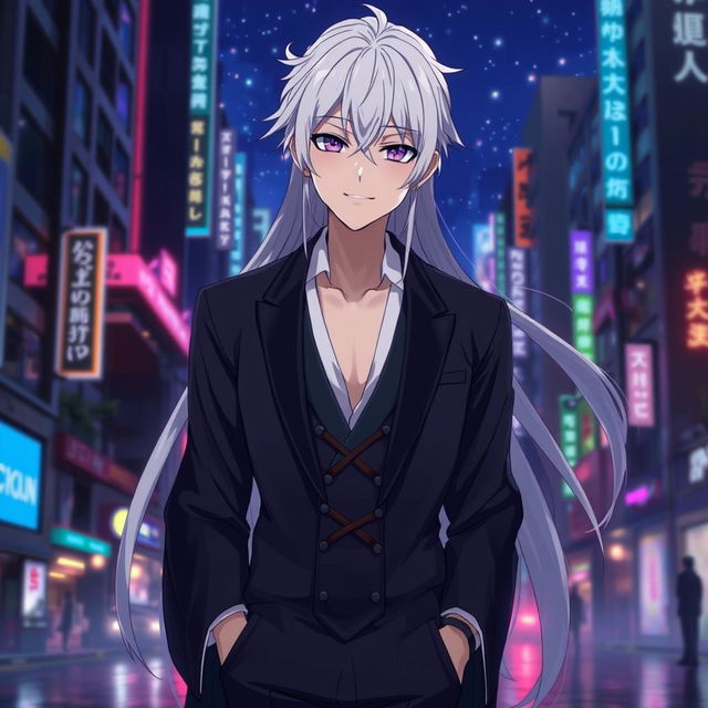 A striking 21-year-old anime ikemen with long flowing white hair and captivating purple eyes, dressed in a stylish kimono-like suit