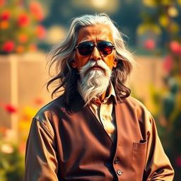 A stylish portrayal of Rabindranath Tagore, the renowned Bengali poet and philosopher, wearing sunglasses and a formal shirt and trousers