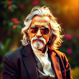 A stylish portrayal of Rabindranath Tagore, the renowned Bengali poet and philosopher, wearing sunglasses and a formal shirt and trousers