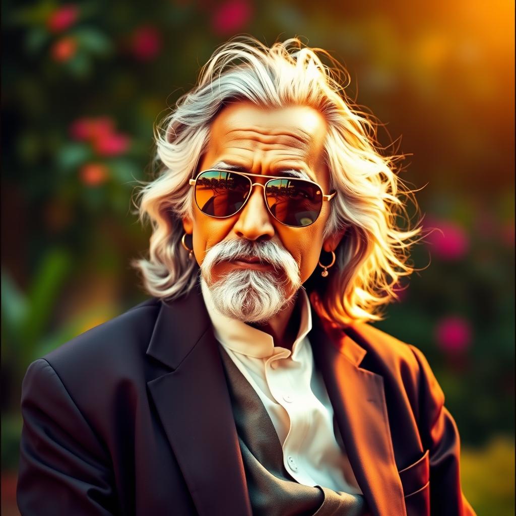 A stylish portrayal of Rabindranath Tagore, the renowned Bengali poet and philosopher, wearing sunglasses and a formal shirt and trousers