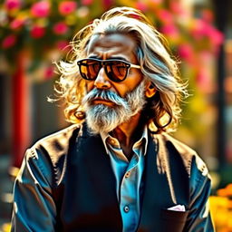 A stylish portrayal of Rabindranath Tagore, the renowned Bengali poet and philosopher, wearing sunglasses and a formal shirt and trousers