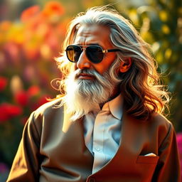 A stylish portrayal of Rabindranath Tagore, the renowned Bengali poet and philosopher, wearing sunglasses and a formal shirt and trousers