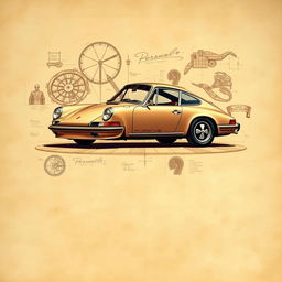 A stunning poster featuring a classic Porsche 911 in the style of Leonardo Da Vinci