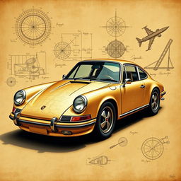 A stunning poster featuring a classic Porsche 911 in the style of Leonardo Da Vinci