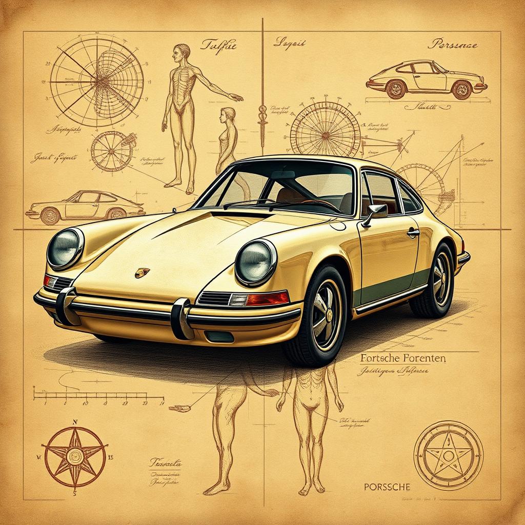 A stunning poster featuring a classic Porsche 911 in the style of Leonardo Da Vinci