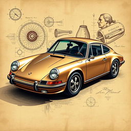 A stunning poster featuring a classic Porsche 911 in the style of Leonardo Da Vinci
