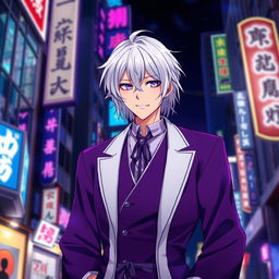 A 21-year-old anime ikemen man with shoulder-length white hair and striking purple eyes, dressed in an elegant purple and white kimono-like suit