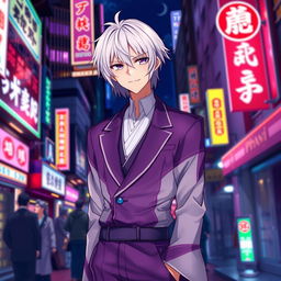 A 21-year-old anime ikemen man with shoulder-length white hair and striking purple eyes, dressed in an elegant purple and white kimono-like suit