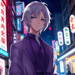 A 21-year-old anime ikemen man with shoulder-length white hair and striking purple eyes, dressed in an elegant purple and white kimono-like suit