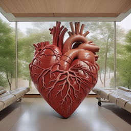 A unique hospital designed in the shape of a realistic human heart, with veins and arteries serving as pathways, set against a tranquil background.