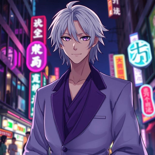 A 21-year-old anime ikemen man with shoulder-length white hair and striking purple eyes, dressed in an elegant purple and white kimono-like suit