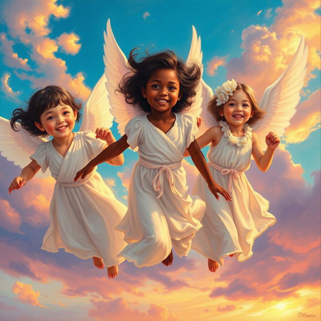 A fantasy painting featuring three beautiful youthful girl angels