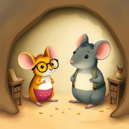 In a cozy mouse hole, a charming scene unfolds featuring a cute yellow mouse wearing glasses and a grey mouse dressed in suspenders