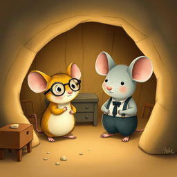 In a cozy mouse hole, a charming scene unfolds featuring a cute yellow mouse wearing glasses and a grey mouse dressed in suspenders