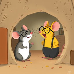 In a cozy mouse hole, a delightful scene occurs where a yellow mouse wearing glasses is playfully laughing at a grey mouse dressed in suspenders
