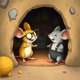 In a cozy mouse hole, a delightful scene occurs where a yellow mouse wearing glasses is playfully laughing at a grey mouse dressed in suspenders