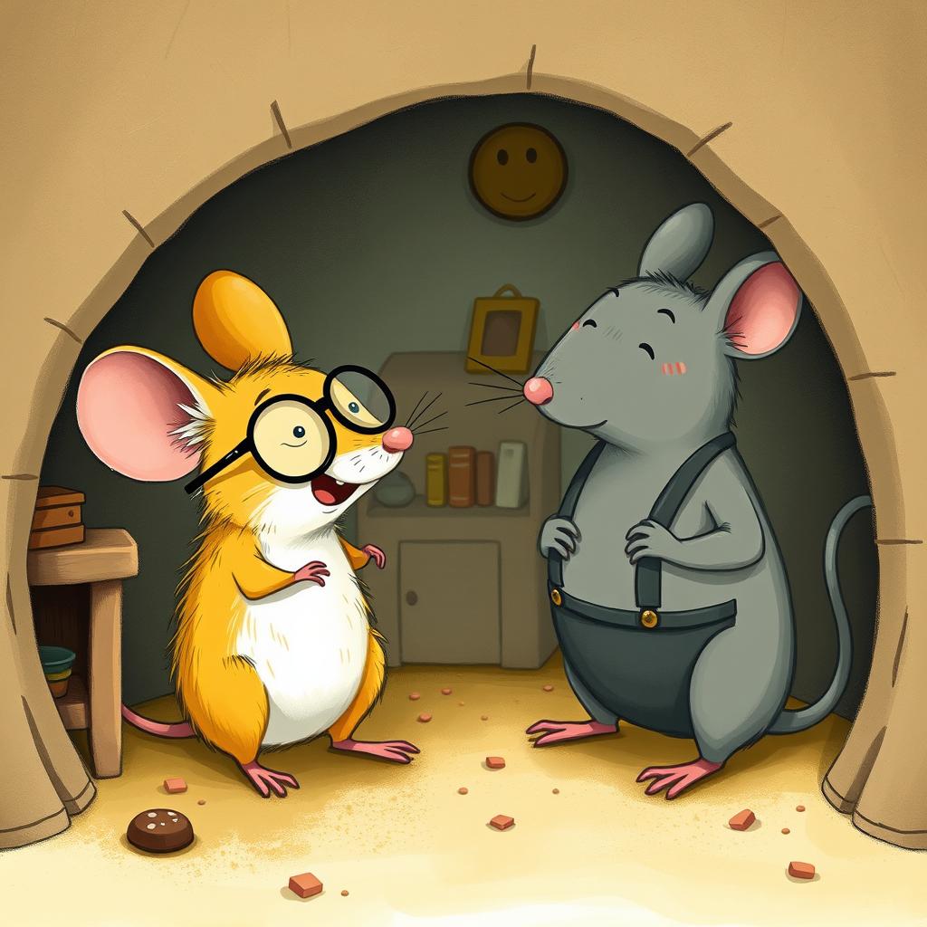In a cozy mouse hole, a delightful scene occurs where a yellow mouse wearing glasses is playfully laughing at a grey mouse dressed in suspenders