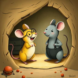 In a cozy mouse hole, a delightful scene occurs where a yellow mouse wearing glasses is playfully laughing at a grey mouse dressed in suspenders