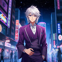 A handsome 21-year-old anime ikemen man with shoulder-length white hair reminiscent of Rengoku Kyoujuro, featuring striking purple eyes