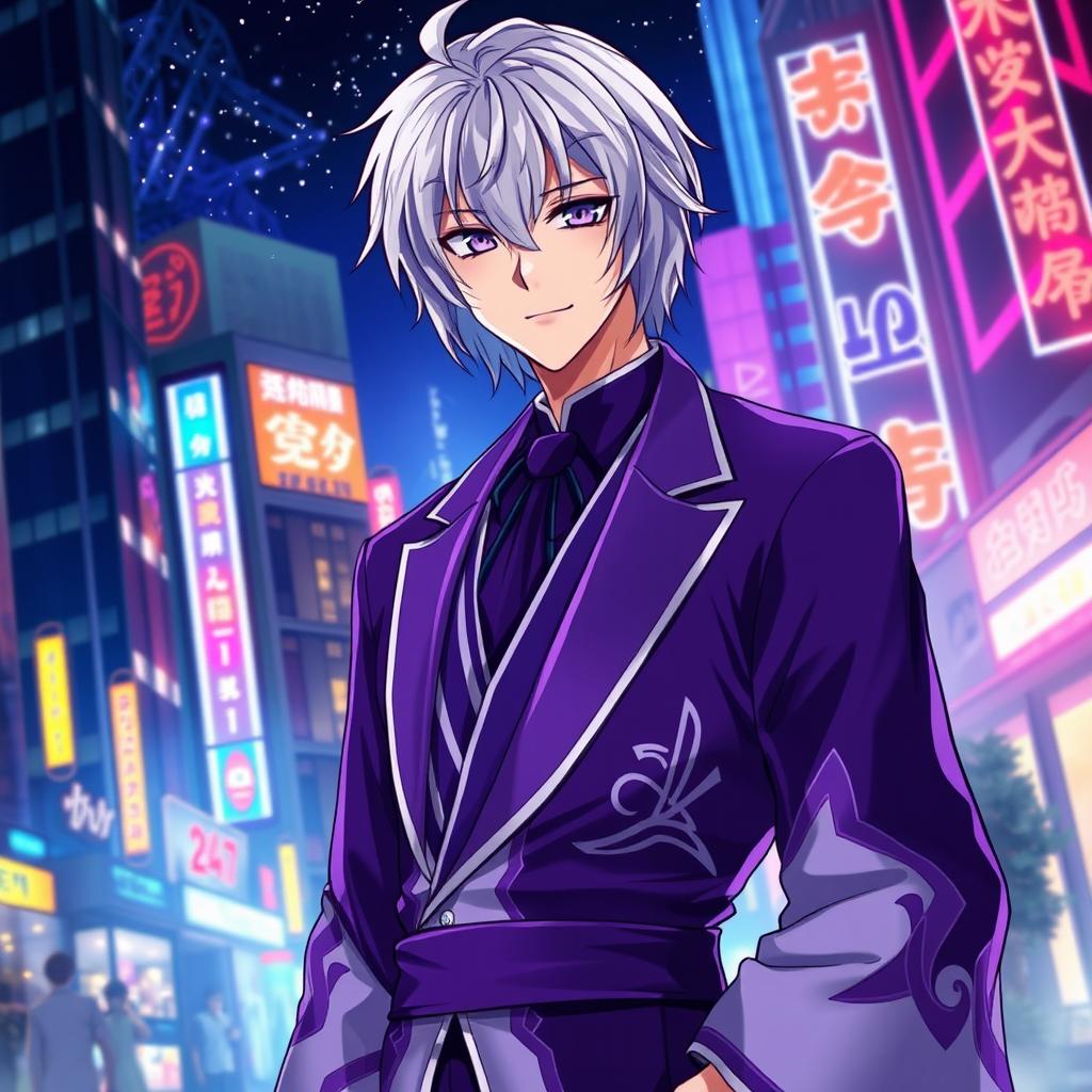 A handsome 21-year-old anime ikemen man with shoulder-length white hair reminiscent of Rengoku Kyoujuro, featuring striking purple eyes