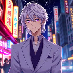 A handsome 21-year-old anime ikemen man with shoulder-length white hair reminiscent of Rengoku Kyoujuro, featuring striking purple eyes