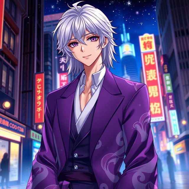 A handsome 21-year-old anime ikemen man with shoulder-length white hair reminiscent of Rengoku Kyoujuro, featuring striking purple eyes