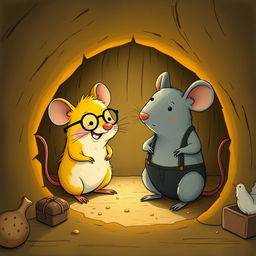 Inside a cozy mouse hole, a humorous scene unfolds where a cheerful yellow mouse wearing glasses is chuckling mockingly at a grey mouse dressed in suspenders