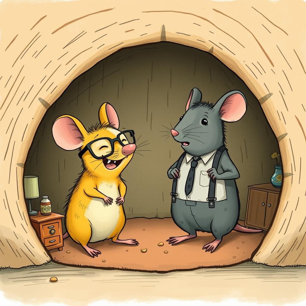 Inside a cozy mouse hole, a humorous scene unfolds where a cheerful yellow mouse wearing glasses is chuckling mockingly at a grey mouse dressed in suspenders