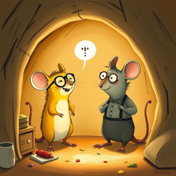 Inside a cozy mouse hole, a humorous scene unfolds where a cheerful yellow mouse wearing glasses is chuckling mockingly at a grey mouse dressed in suspenders