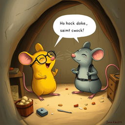 Inside a cozy mouse hole, a humorous scene unfolds where a cheerful yellow mouse wearing glasses is chuckling mockingly at a grey mouse dressed in suspenders