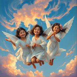 A fantasy painting featuring three beautiful youthful girl angels: one angel with Chinese features, one angel with Black features, and another angel with Hawaiian features