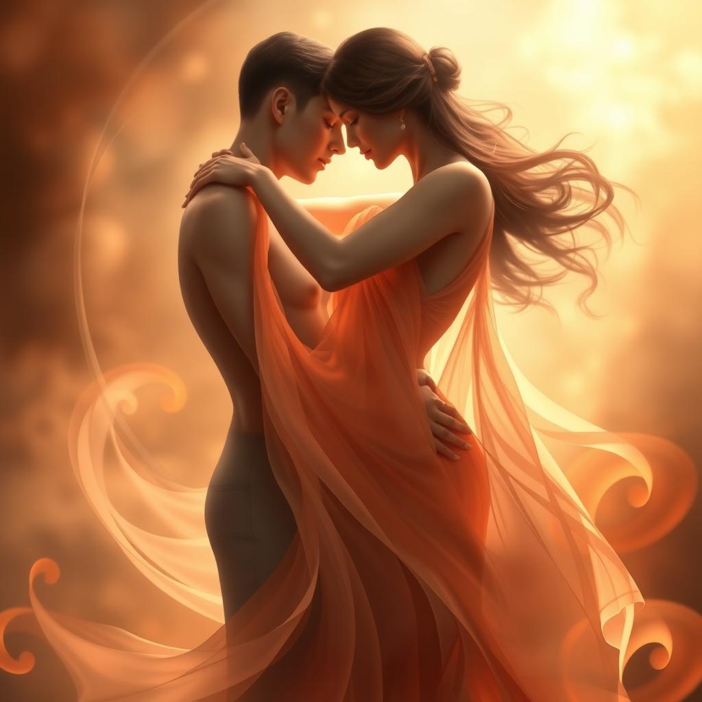 A stunning, artistic representation of an abstract, sensual scene featuring two elegant figures intertwined in a dance