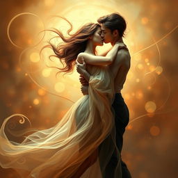 A stunning, artistic representation of an abstract, sensual scene featuring two elegant figures intertwined in a dance