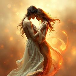 A stunning, artistic representation of an abstract, sensual scene featuring two elegant figures intertwined in a dance