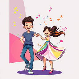 A vibrant and energetic illustration of a boy and girl dancing together