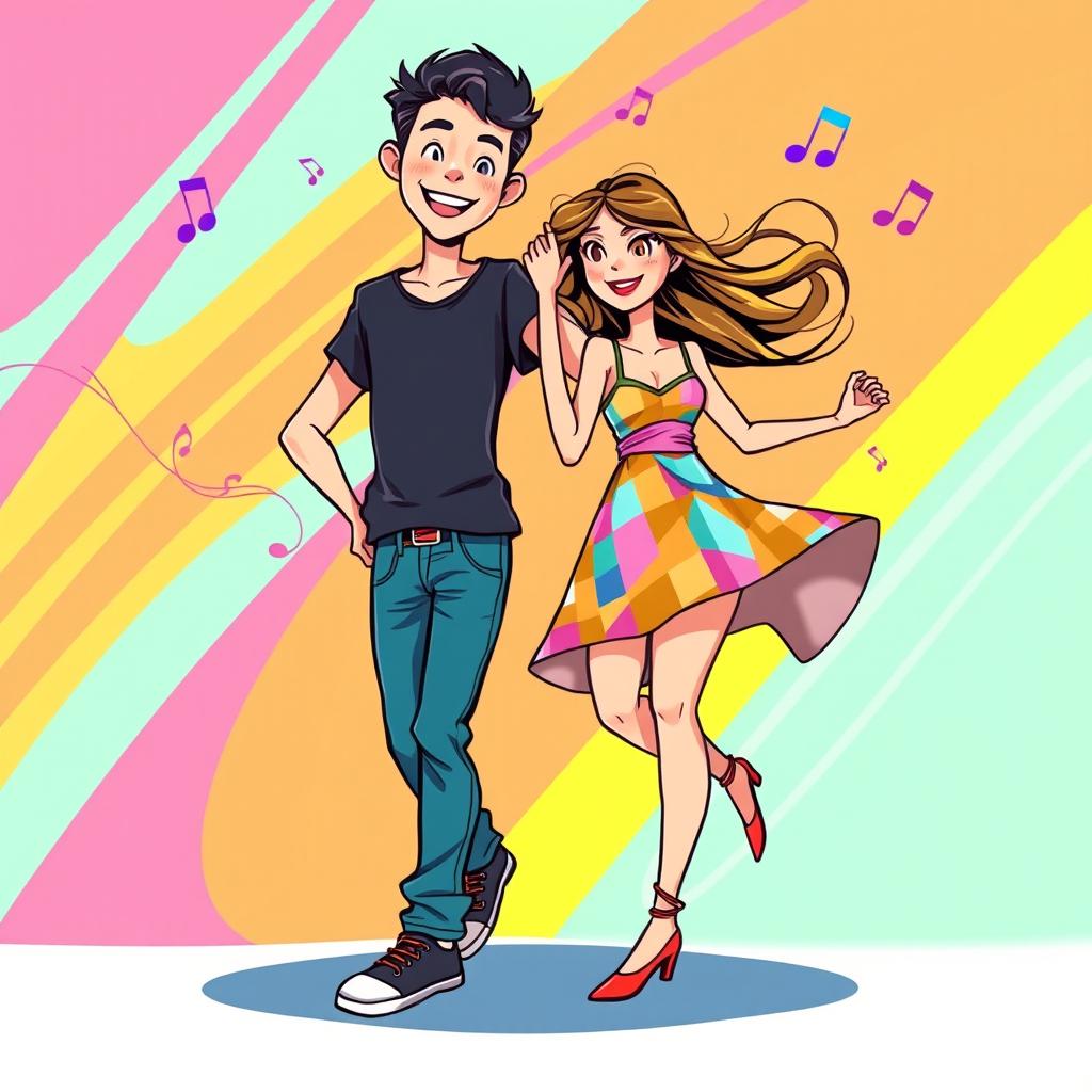 A vibrant and energetic illustration of a boy and girl dancing together