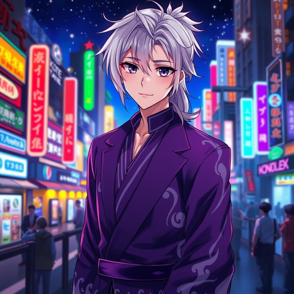 A charming 21-year-old anime ikemen man with shoulder-length white hair styled in a half ponytail, showcasing captivating purple eyes