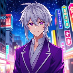 A charming 21-year-old anime ikemen man with shoulder-length white hair styled in a half ponytail, showcasing captivating purple eyes