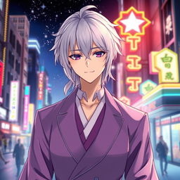 A charming 21-year-old anime ikemen man with shoulder-length white hair styled in a half ponytail, showcasing captivating purple eyes