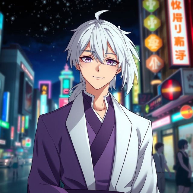 A charming 21-year-old anime ikemen man with shoulder-length white hair styled in a half ponytail, showcasing captivating purple eyes