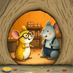 Inside a cozy mouse hole, a delightful scene captures a yellow mouse wearing glasses laughing at a grey mouse dressed in suspenders