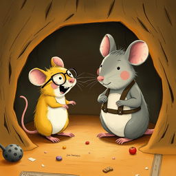 Inside a cozy mouse hole, a delightful scene captures a yellow mouse wearing glasses laughing at a grey mouse dressed in suspenders